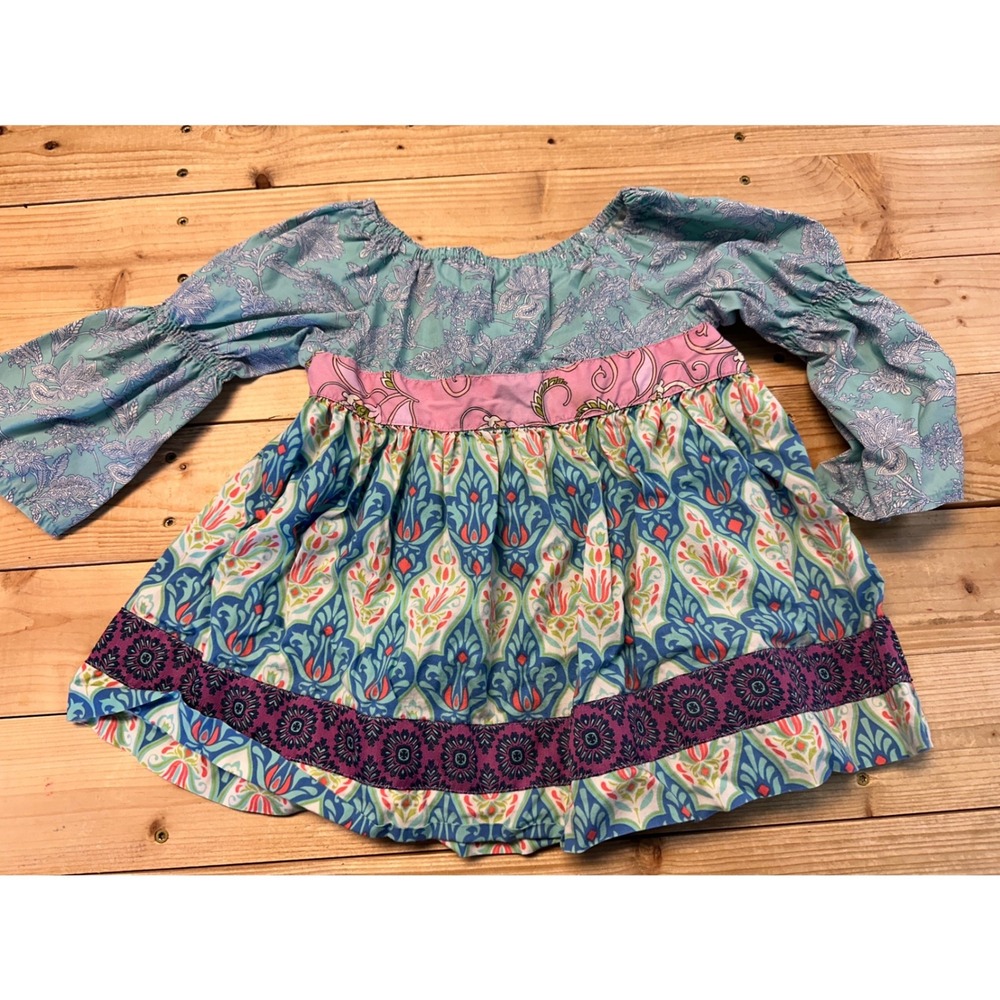 Matilda Jane Girls Size‎ 4 Top Tunic Blue Pink Floral Bell Sleeve